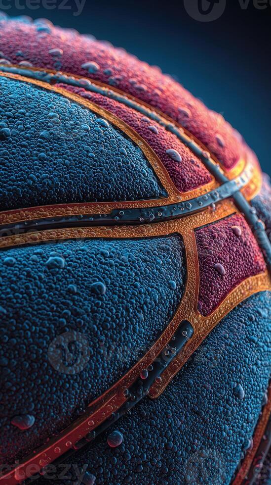 Close-up of a wet basketball showcasing intricate details and textures after a rain shower, highlighting vibrant colors and droplets photo