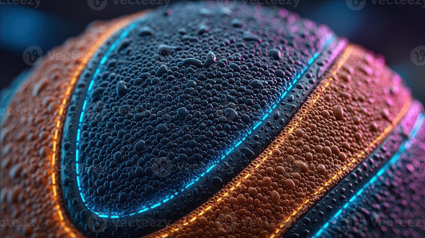 Basketball with water droplets reflecting vibrant colors illuminated in low light photo