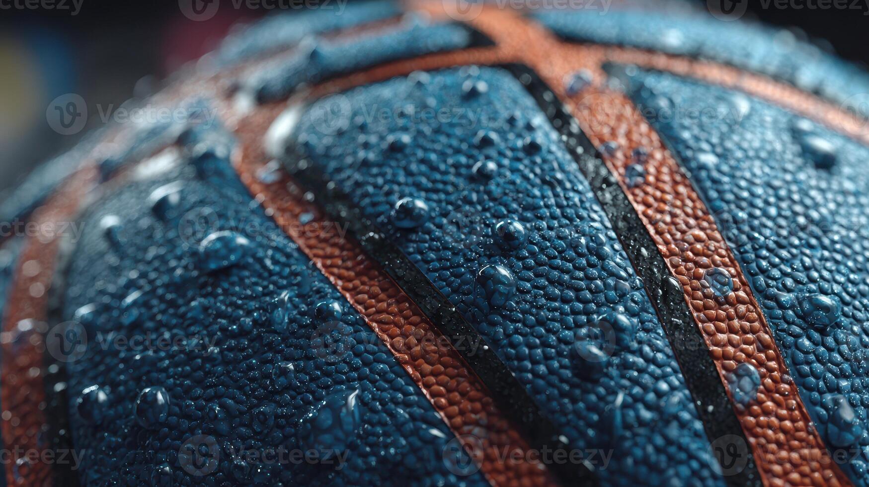 Basketball with water droplets captured up close in a wet indoor environment with detailed texture photo