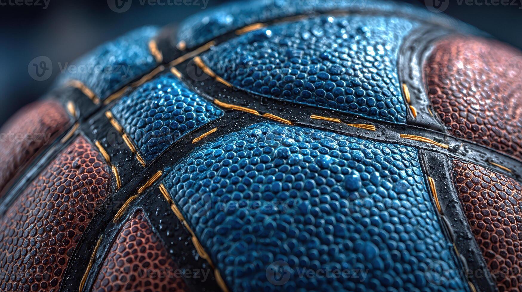 Close-up view of a wet basketball showcasing vibrant colors and detailed texture after a rain shower during a game photo