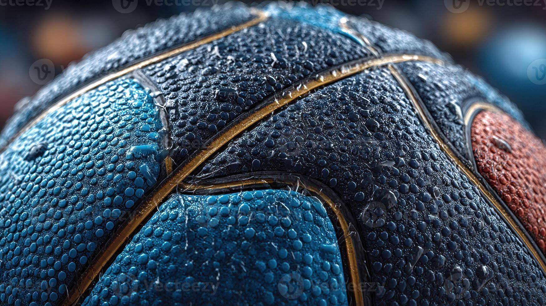 Detailed close-up of a wet basketball showcasing unique texture and vibrant colors in a sports setting photo