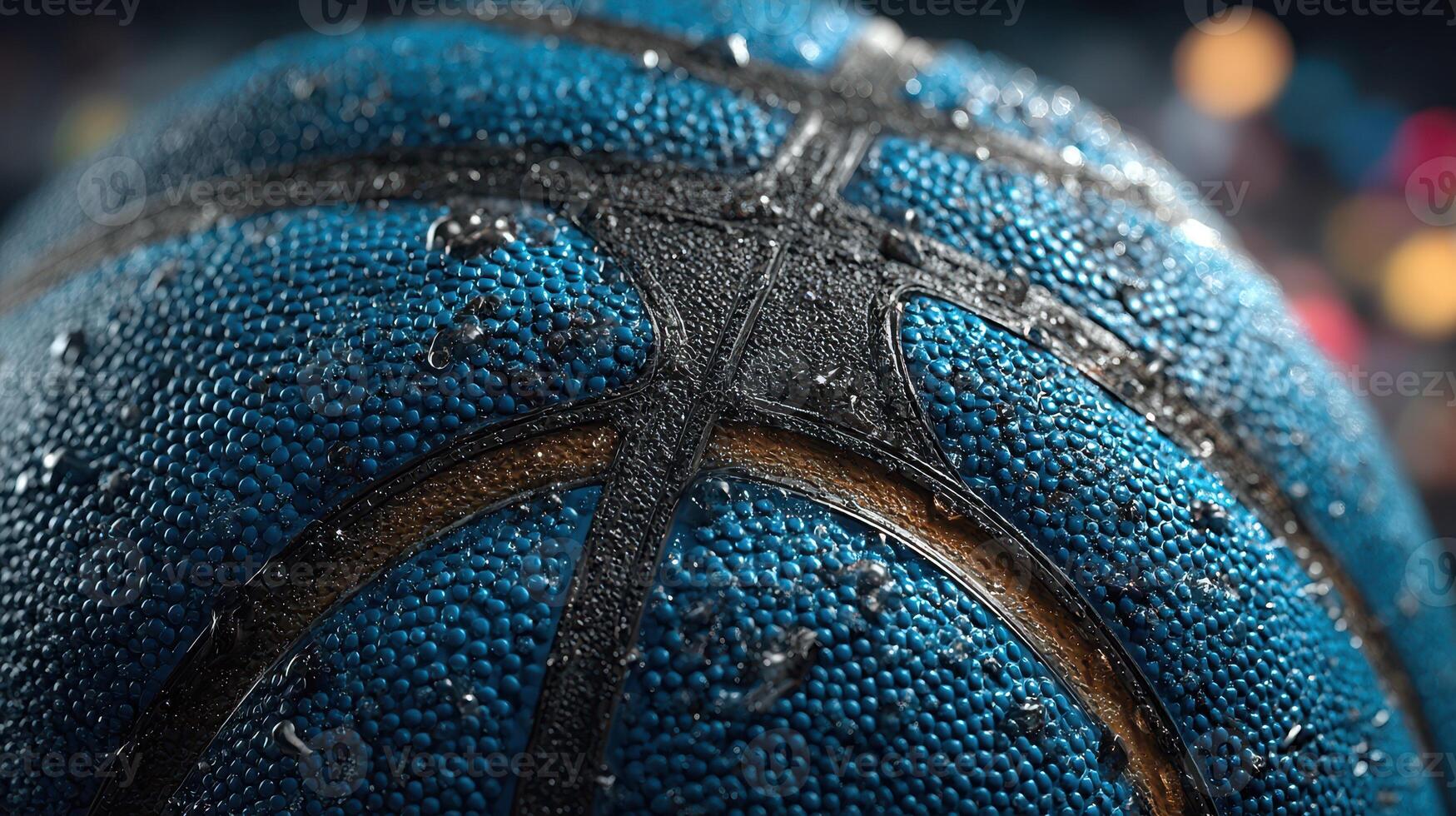 Close-up of a wet blue basketball with droplets reflecting colorful lights in a gym setting during an evening practice session photo