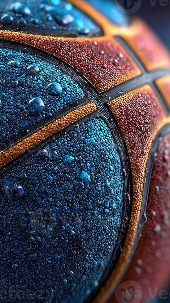 Close-up view of a basketball with droplets on the surface highlighting textures and vibrant colors in a dramatic lighting setting photo