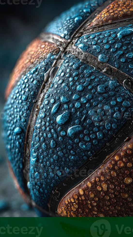 Close-up of a wet basketball with droplets reflecting light in an indoor sports setting photo