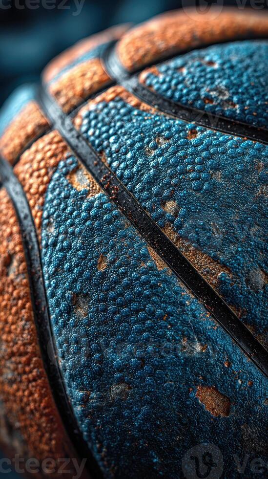 Basketball with textured surface in vibrant orange and blue colors focusing on detail and design elements photo