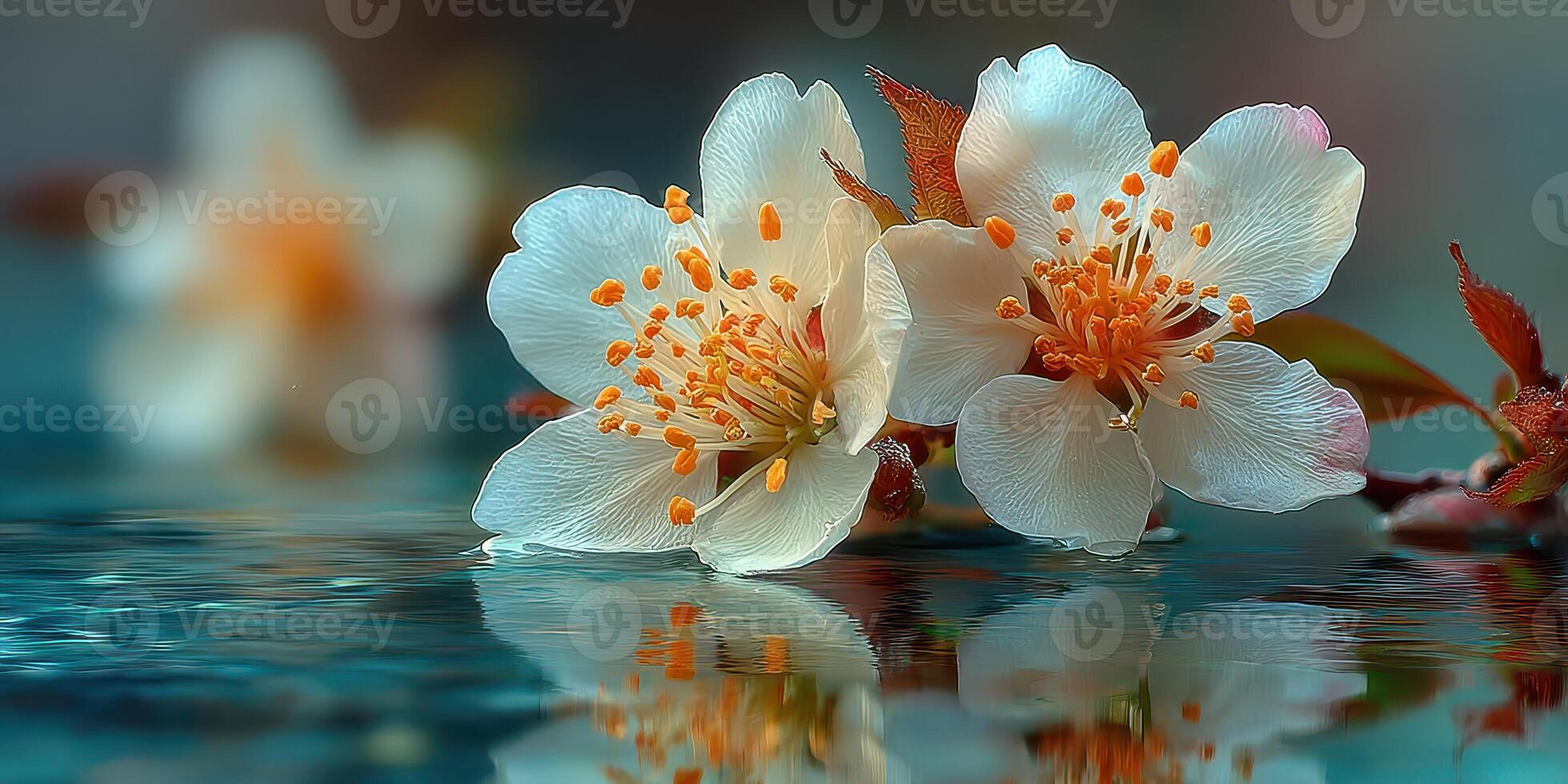 Beautiful white blossoms reflect on calm water during springtime in a serene garden setting photo