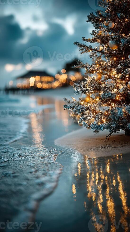 Holiday spirit shines with a decorative tree on a tranquil beach at dusk, creating a perfect festive atmosphere by the ocean photo