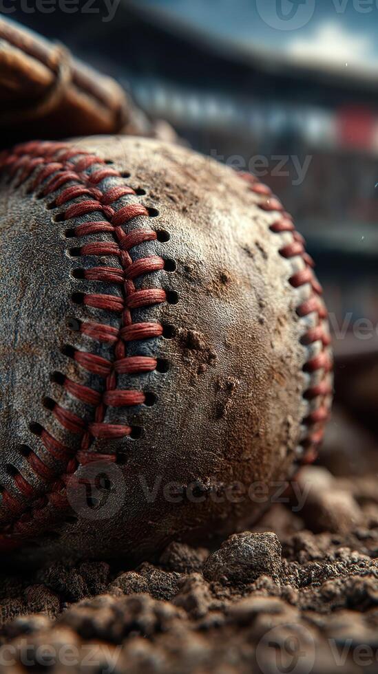 Old baseball resting on a dirt surface at a baseball field during a sunny afternoon photo
