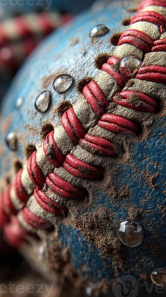 Weathered baseball with dirt and water droplets on a blue surface showcases field wear and tear during gameplay photo