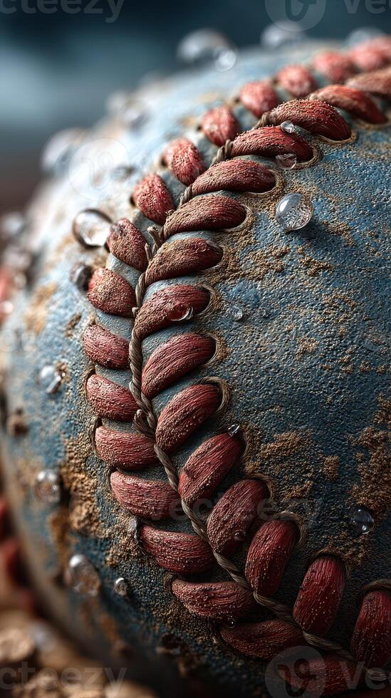 Close-up of a weathered baseball with droplets, showcasing intricate stitching and texture during an outdoor game in late afternoon light photo