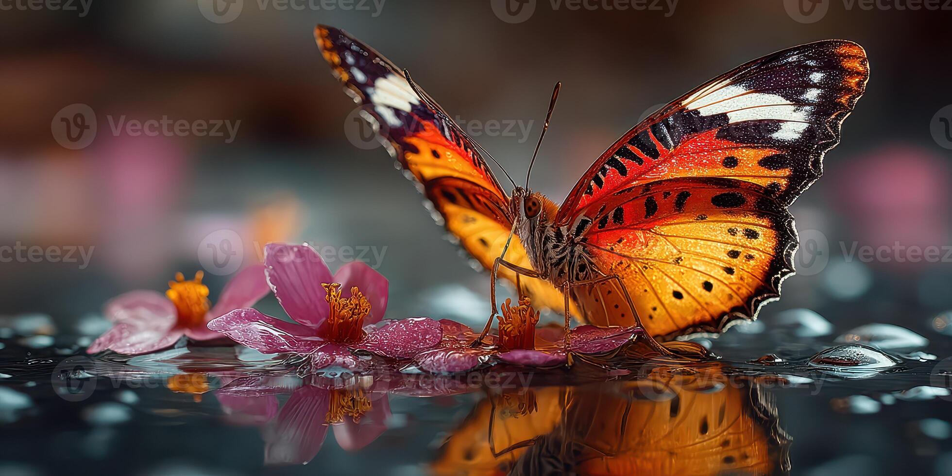 Colorful butterfly perched on pink flowers with raindrops in a serene garden setting during daylight photo