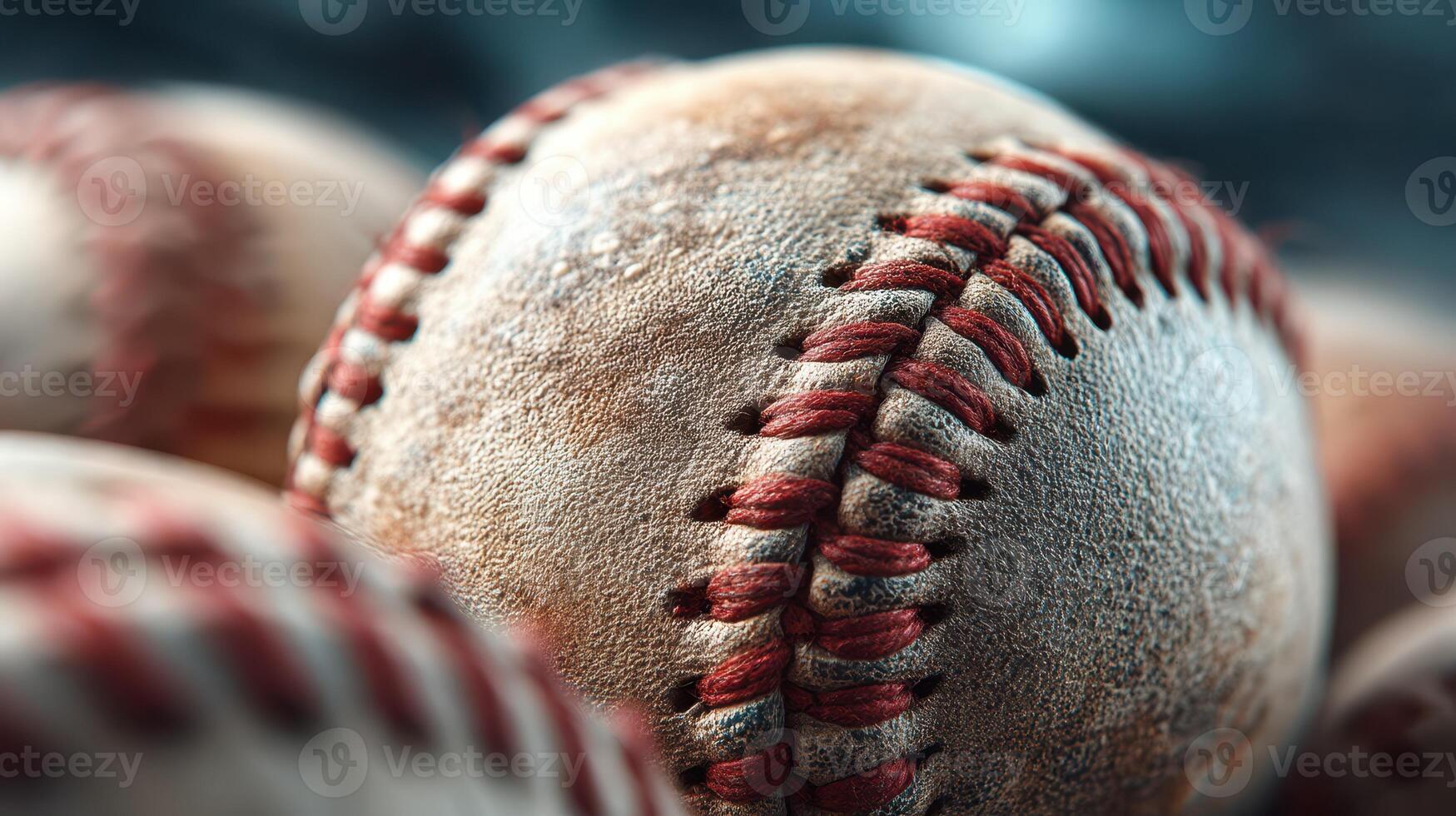 Close-up of worn baseballs showcasing texture and stitching under soft lighting in a sports setting photo