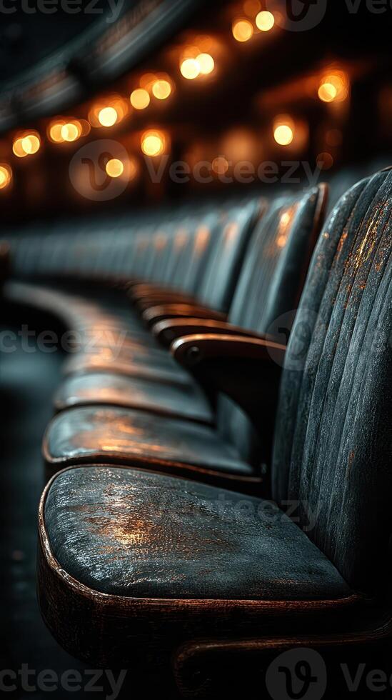 Old theater seats glowing under warm lights in a historical venue during an evening performance photo