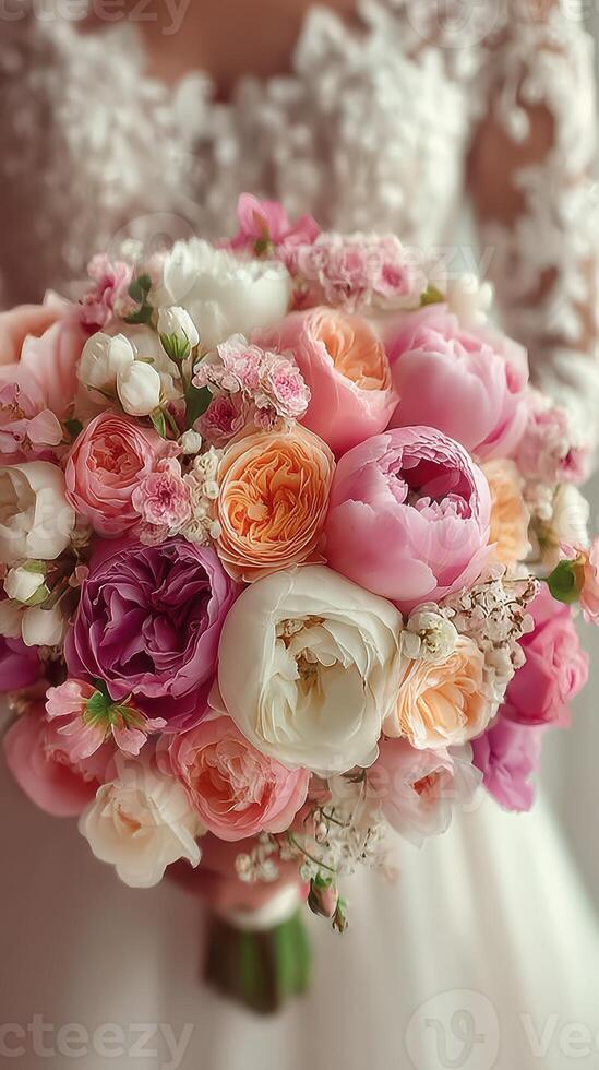 Beautiful wedding bouquet with vibrant roses and peonies held by a bride in a romantic outdoor setting during daytime photo