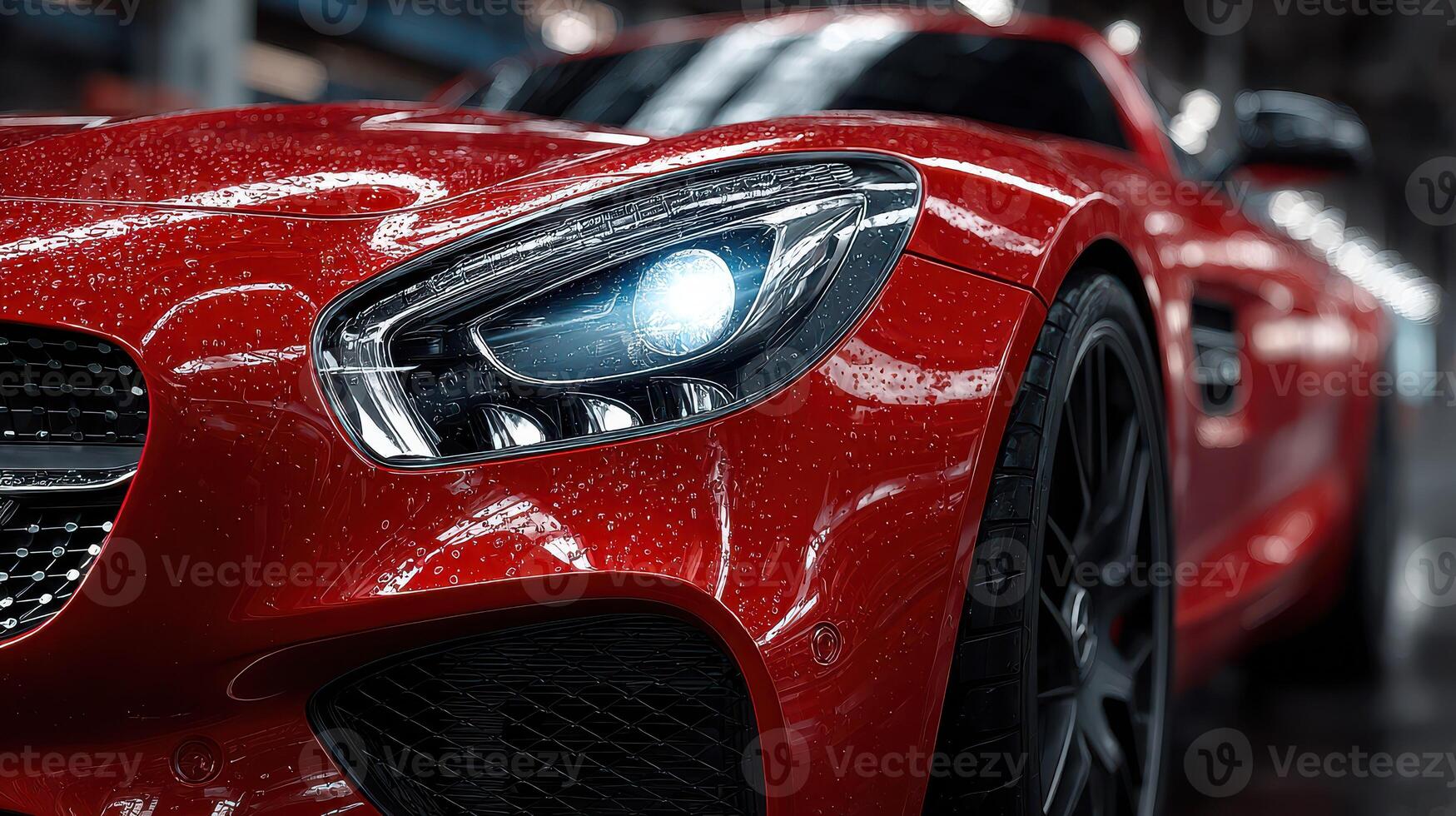 Sleek red sports car parked indoors with reflections glistening in the soft light photo