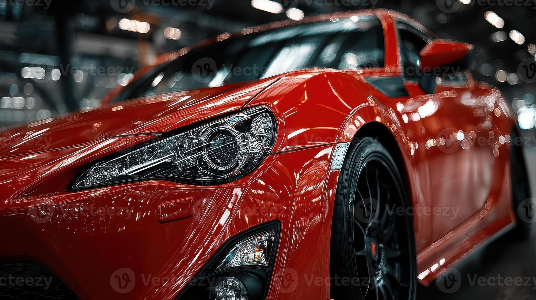 Red sports car showcasing sleek design and powerful aesthetics in an indoor exhibition space during a high-energy automotive event photo