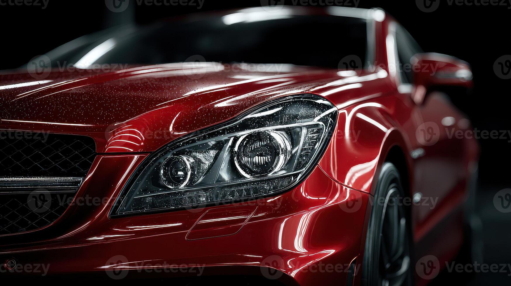 Shiny red sports car showcases meticulous detailing in a darkened showroom at dusk photo