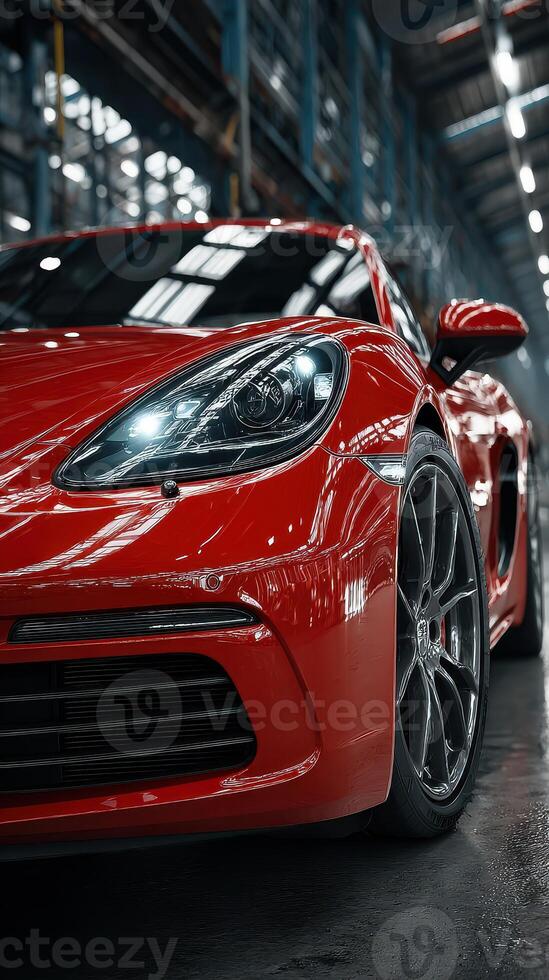 Bright red sports car showcased in a modern industrial garage during daytime with reflective lighting photo