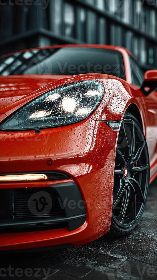 Sleek red sports car parked on wet pavement under moody urban lighting during a rainy evening photo