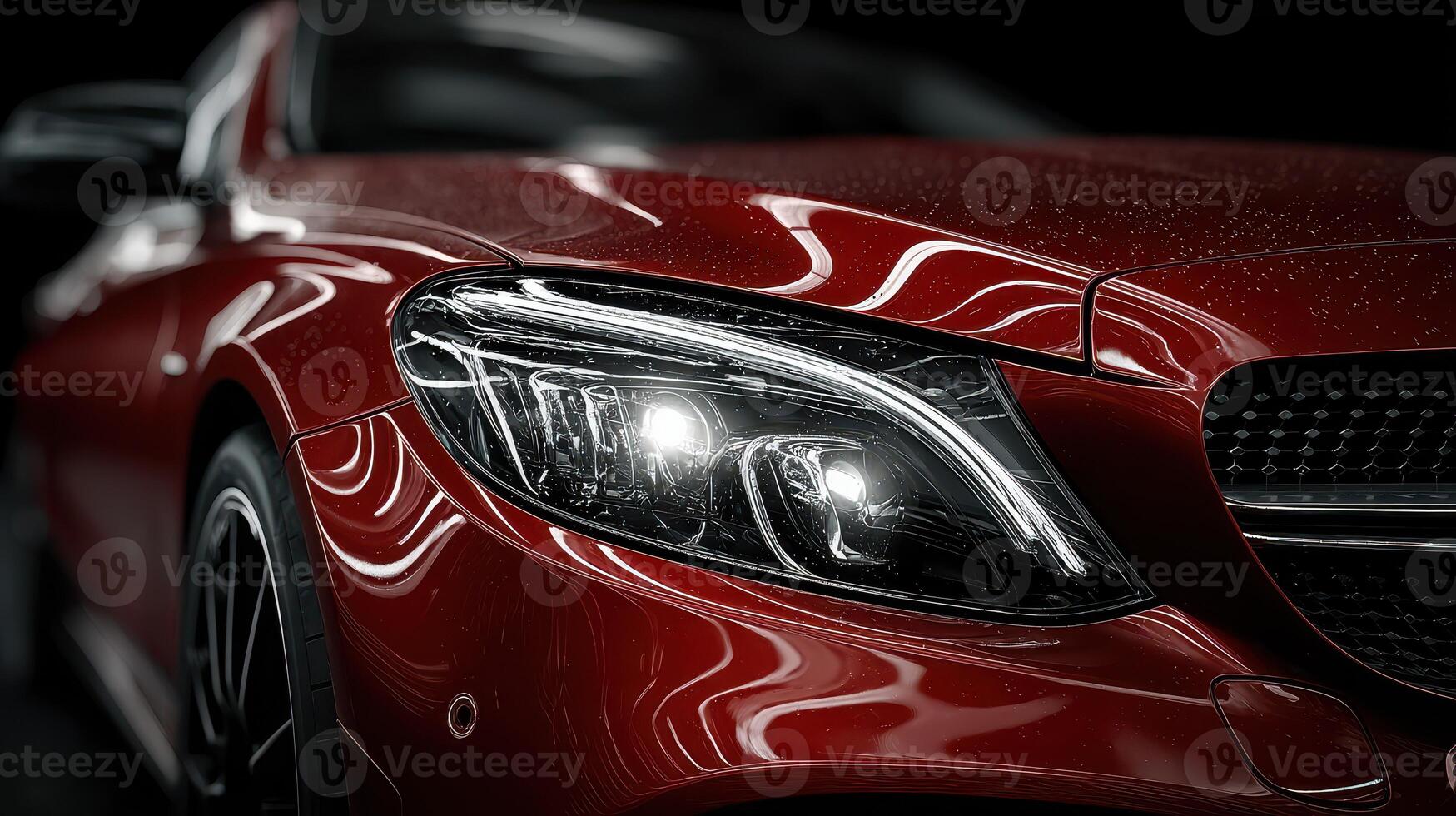 Close-up view of a shiny red luxury car showcasing headlights and reflections in a dark setting photo