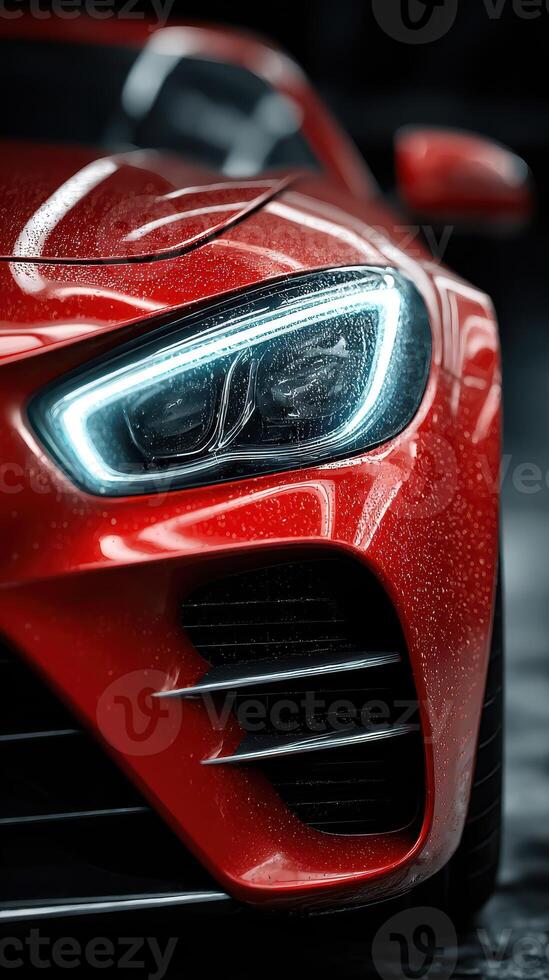 Bright red sports car showcasing sleek design with glowing headlights in a dimly lit garage setting photo