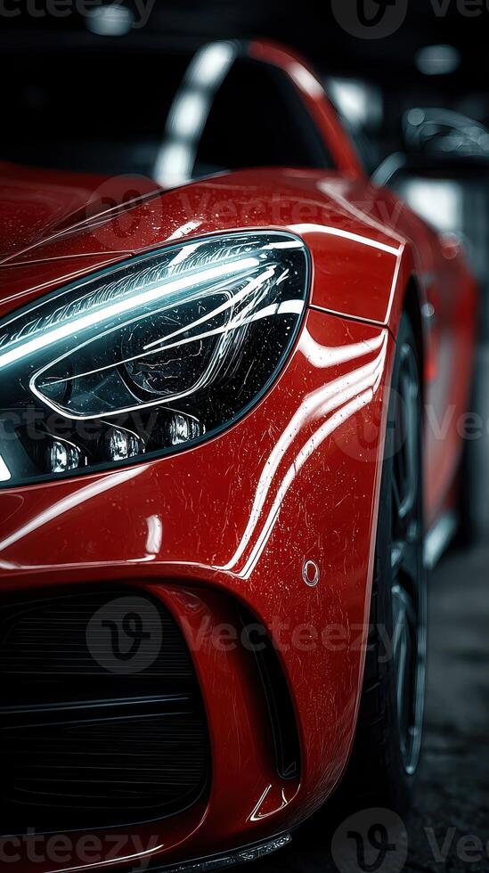 Close-up view of a sleek red sports car showcasing its detailed design and glossy finish in a dimly lit garage photo