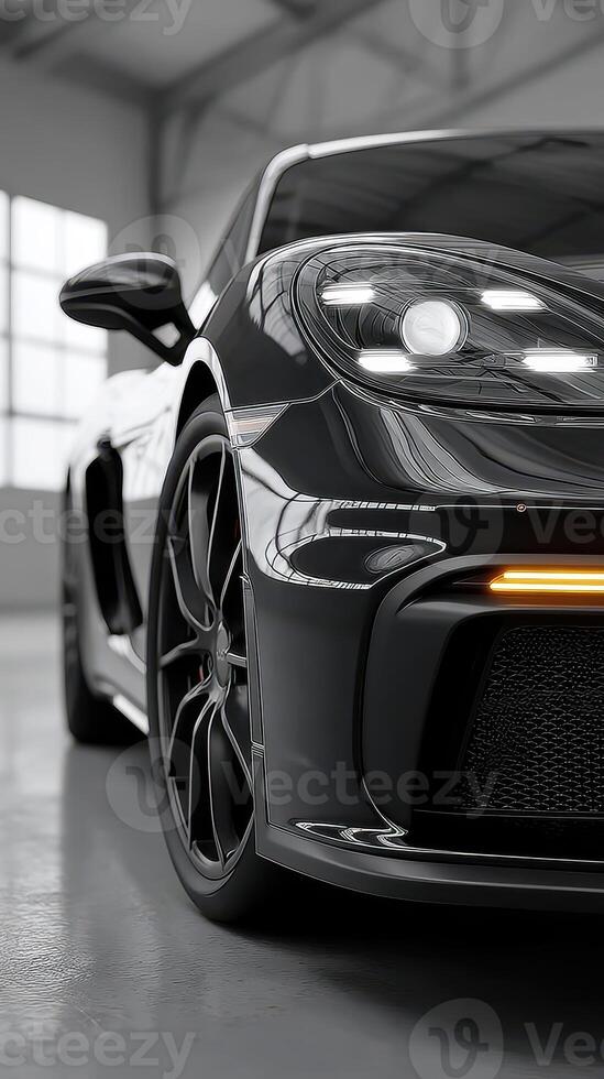 Sleek black sports car in a modern indoor showroom with bright lighting and polished floor photo