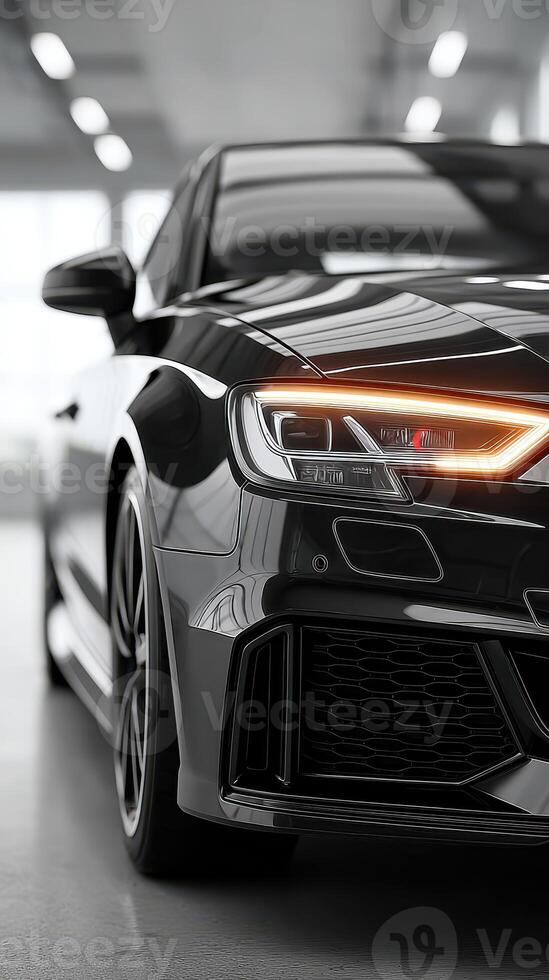 High-performance black sports car capturing light in modern indoor showroom environment photo