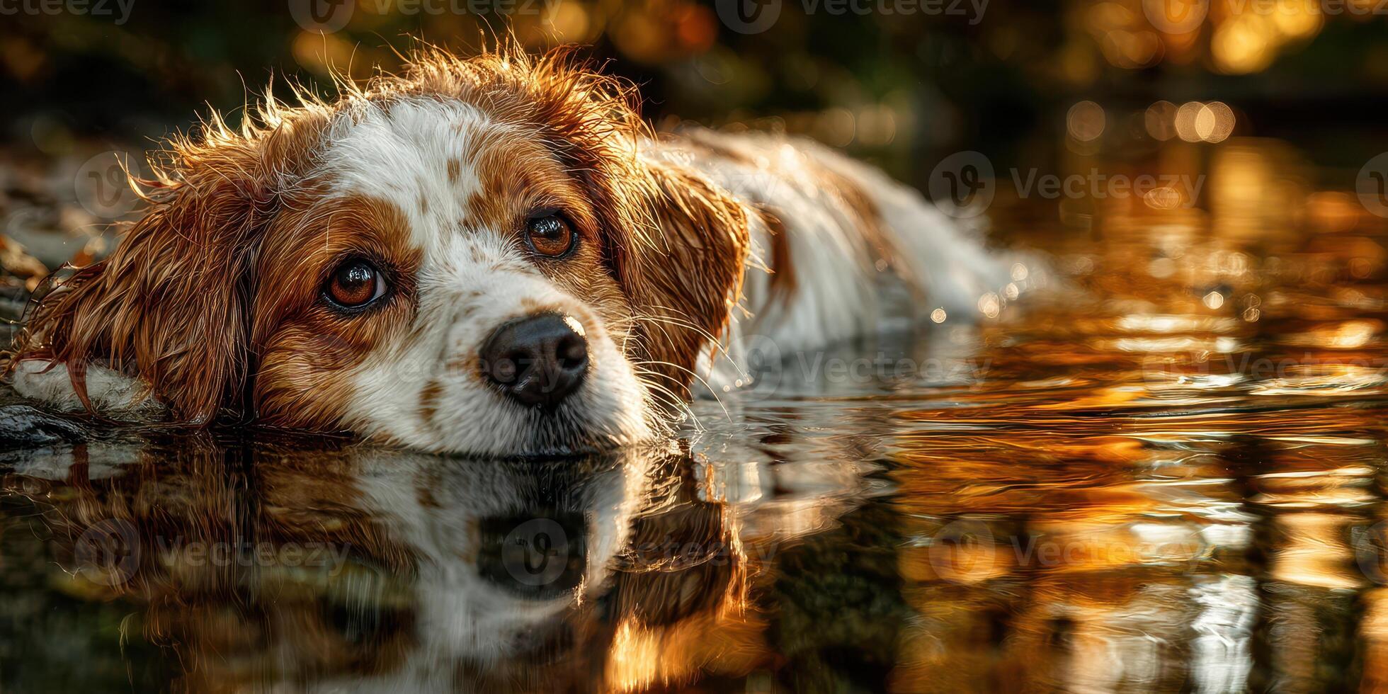 Dog enjoys a peaceful moment in a shimmering lake during golden hour at sunset in a natural landscape photo