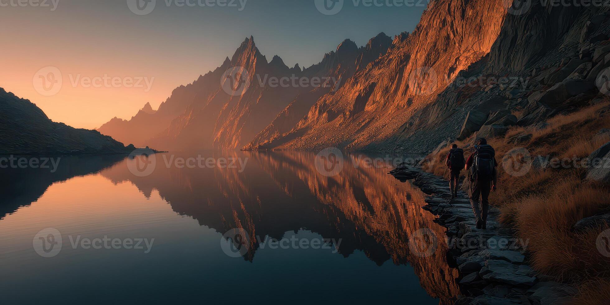 Hiking along a tranquil lake surrounded by rugged mountains at dawn in the wilderness photo