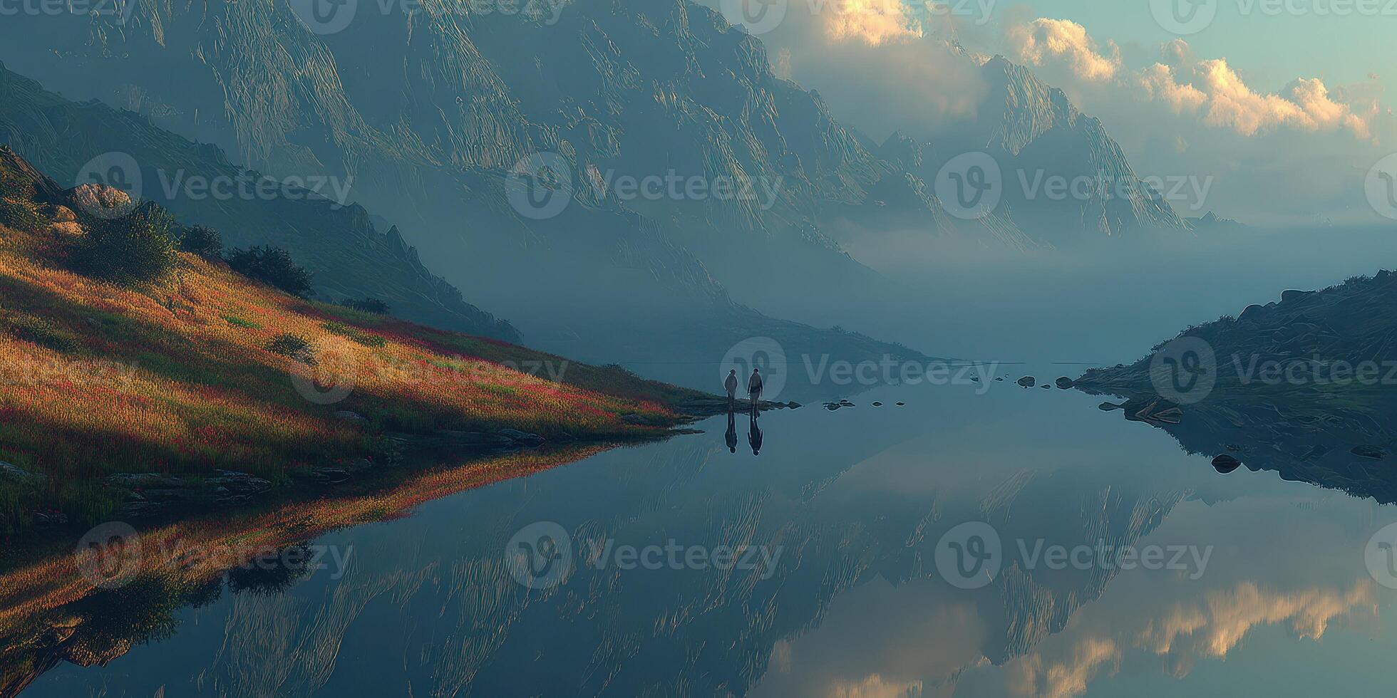 Serene hiking adventure near a tranquil river surrounded by majestic mountains at dawn photo