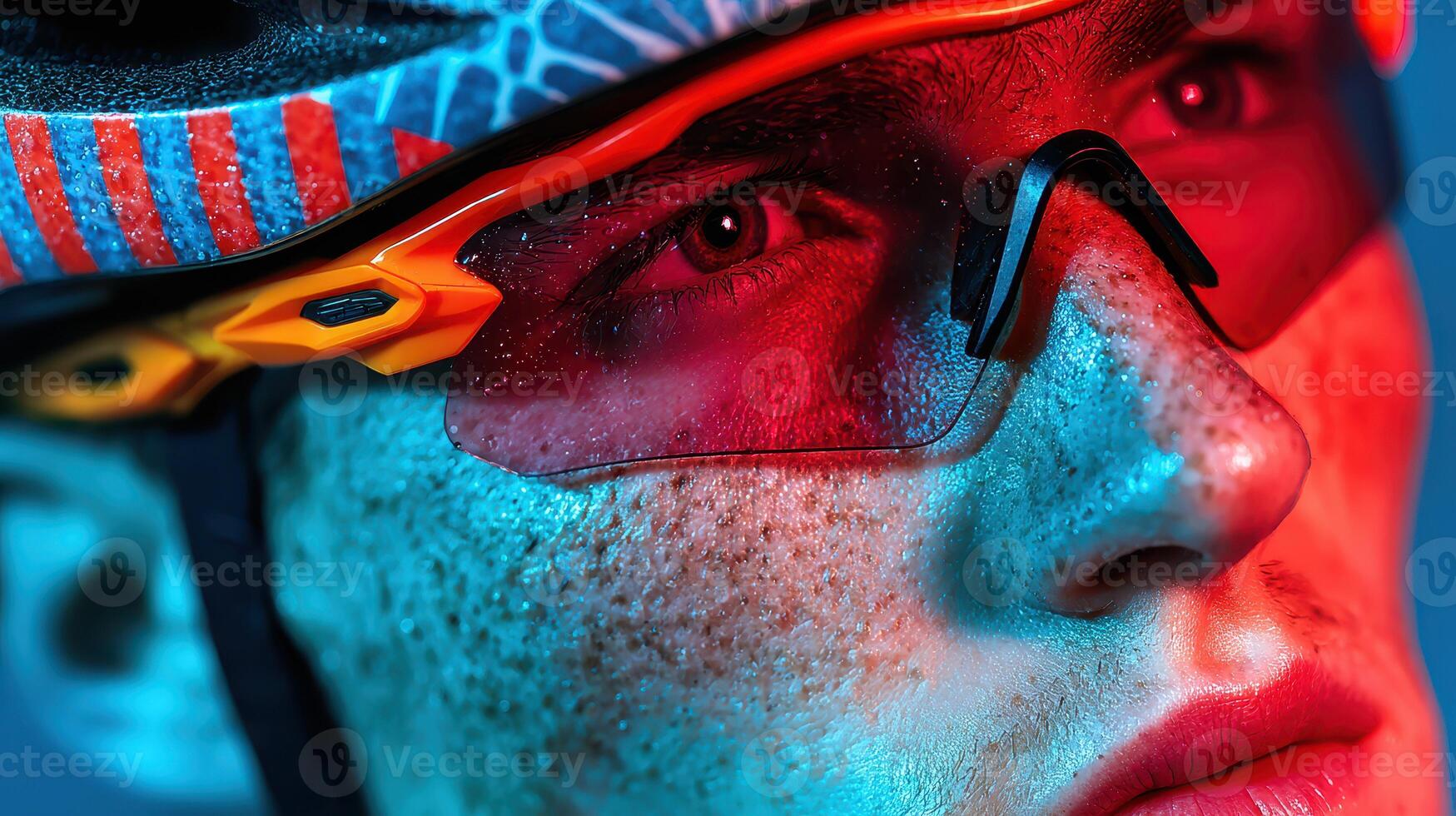 Close-up of a young cyclist in a vibrant helmet and glasses with dramatic lighting during a competitive cycling event photo
