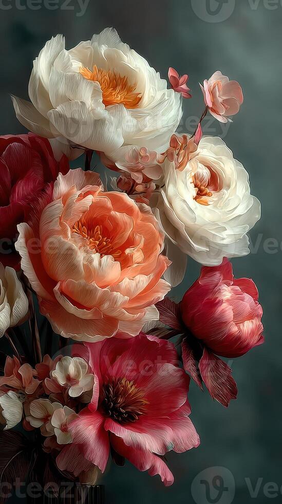 Vibrant floral arrangement featuring peonies and cherry blossoms against a softly blurred background photo