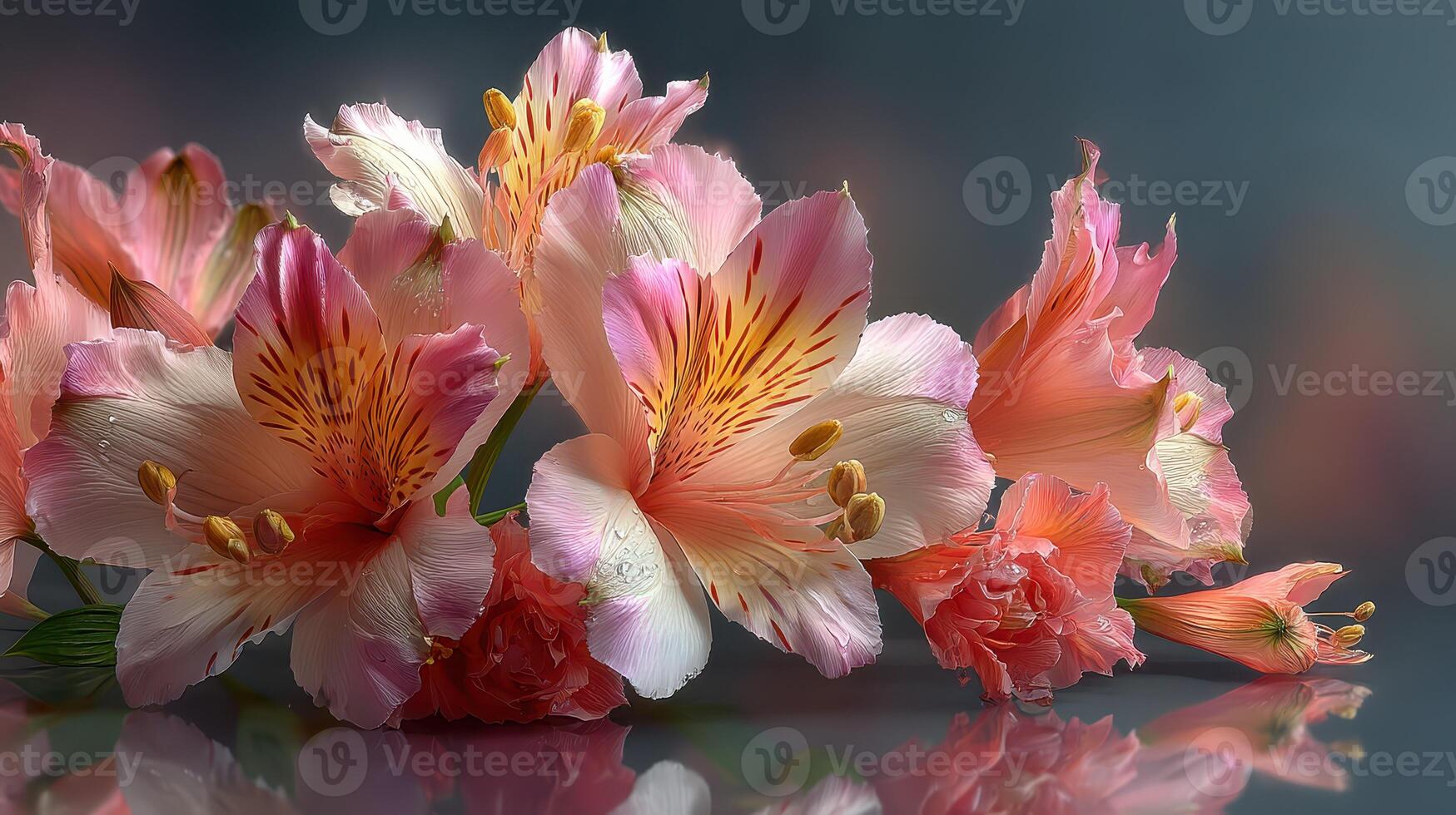Delicate pink and white flowers bloom gracefully as they capture attention in a serene indoor atmosphere photo