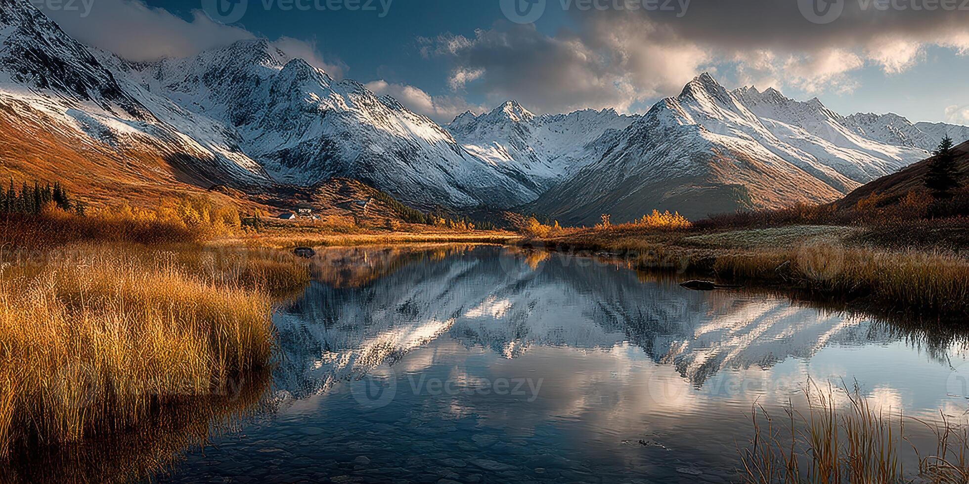 Majestic autumn landscape reflecting mountains and golden grass in tranquil lake at sunset photo