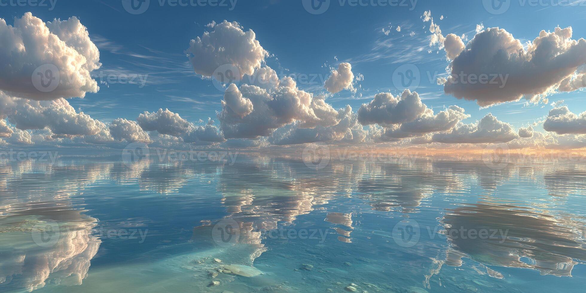 Vast ocean reflections during a tranquil sunrise with clouds across the sky photo