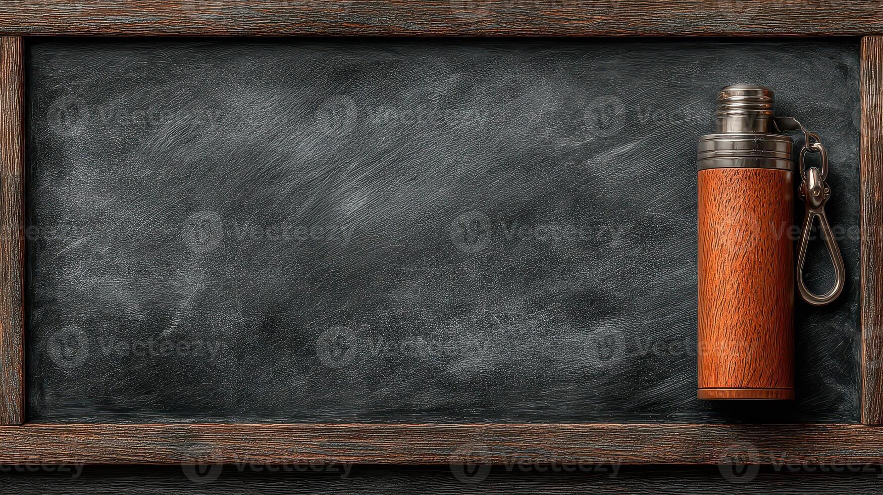 Stylish wooden flask resting on a textured black chalkboard background near a wooden frame photo
