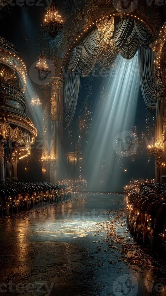Elegant theater interior illuminated by soft light with ornate decorations and empty seating in a quiet ambiance photo