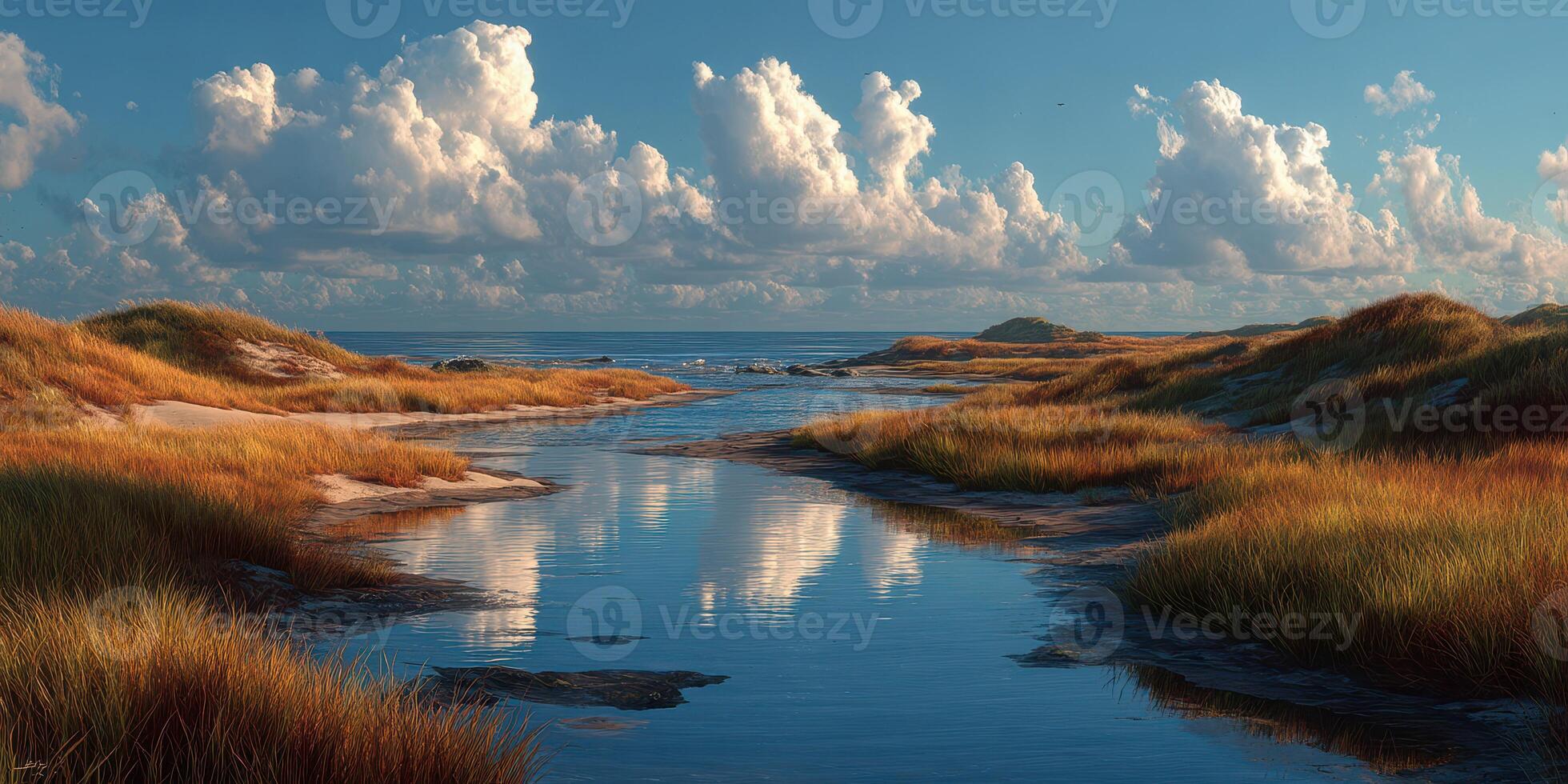 Calm coastal landscape with golden grasses and reflective water under cloudy sky at sunrise photo