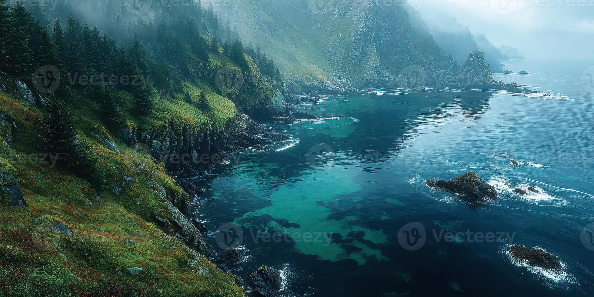 Misty coastal view showcasing jagged cliffs and tranquil waters at dawn on a serene morning photo