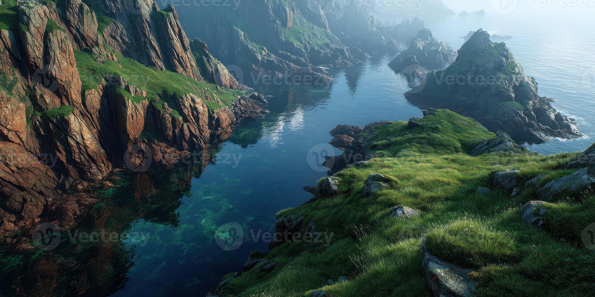 Scenic coastal landscape with rocky cliffs, lush greenery, and tranquil waters at dawn near the ocean photo