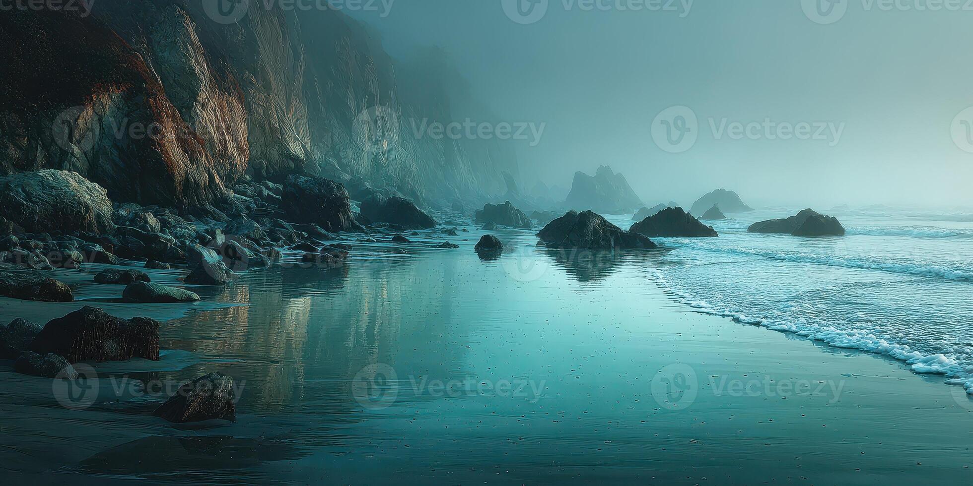 Soft fog blankets rocky coastline creating a serene atmosphere at dawn near the ocean shore photo