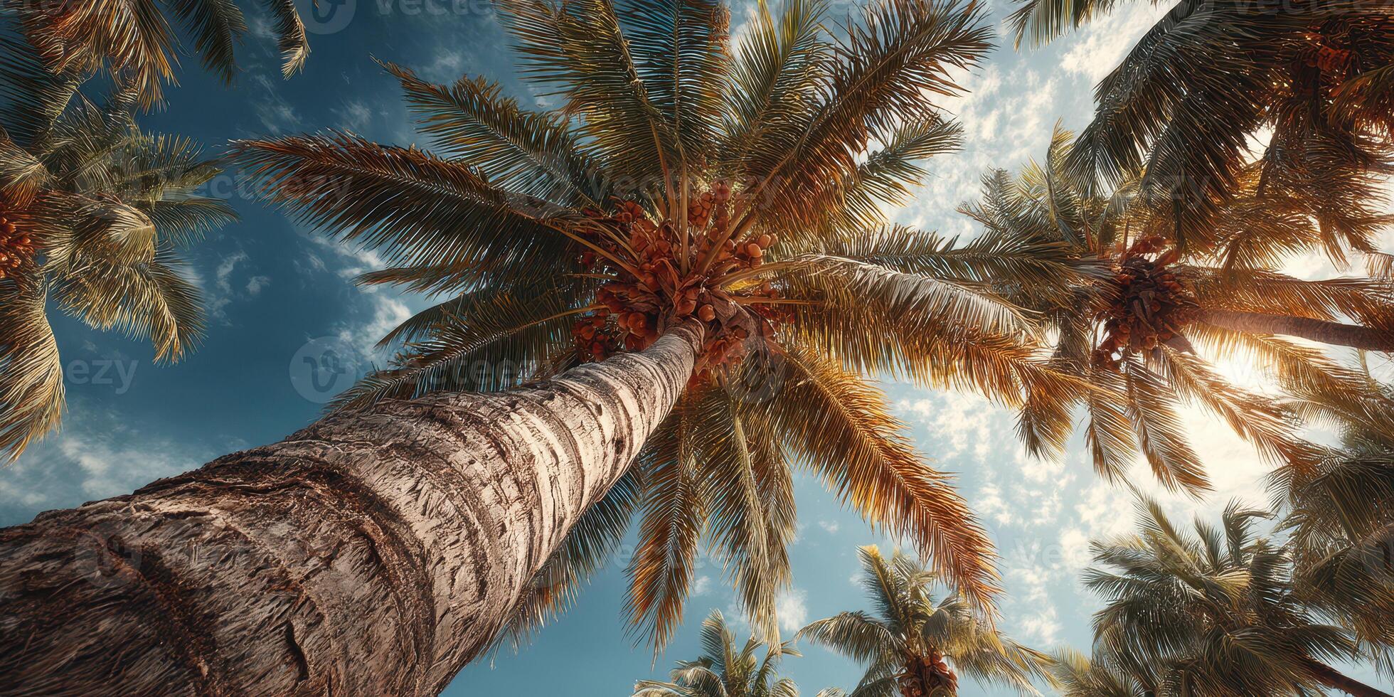 Palm trees stretch toward the sky under a bright blue backdrop with wispy clouds during warm daylight photo