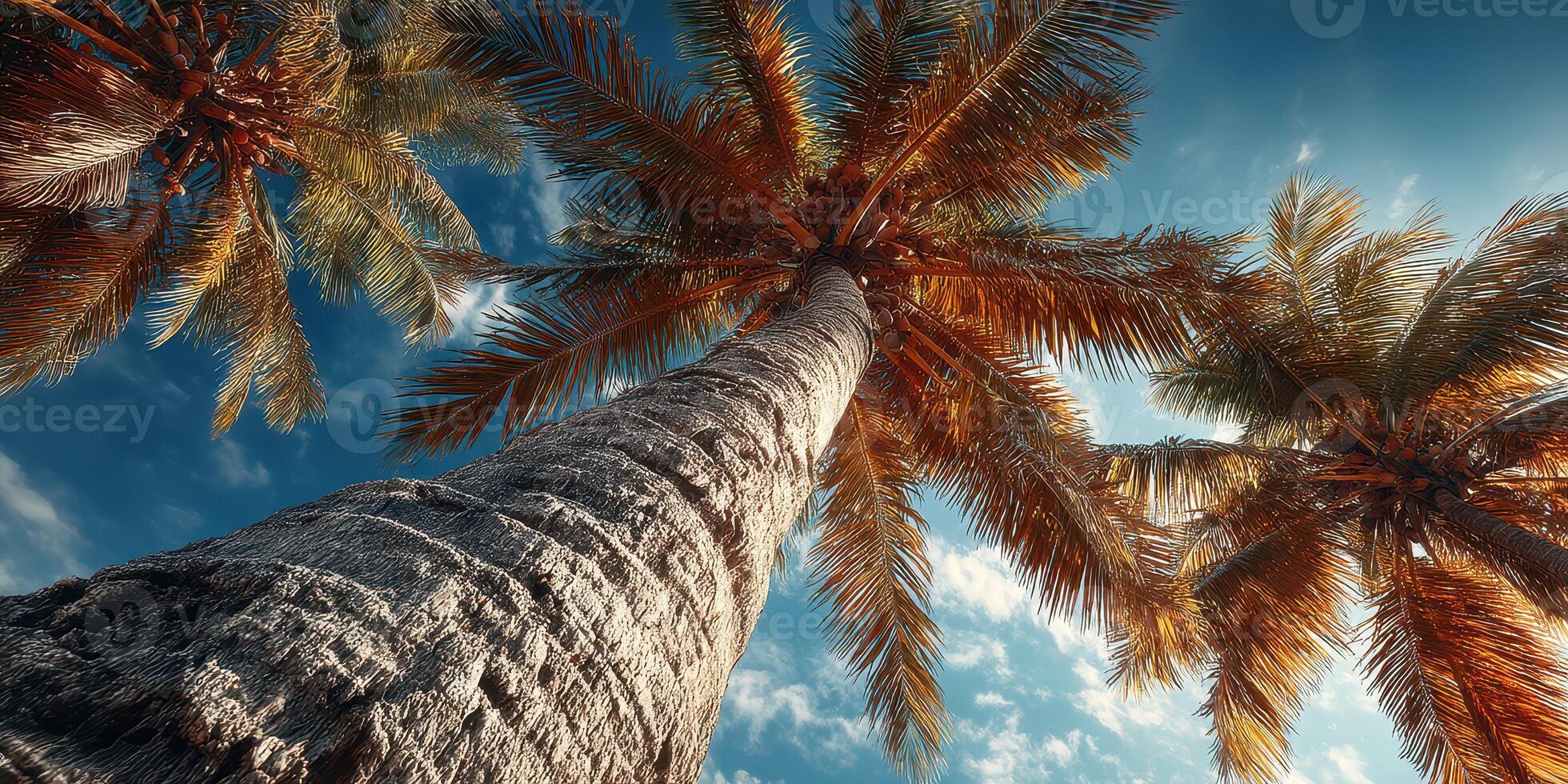 Palm trees sway under a bright blue sky on a sunny day in a tropical paradise paradise location photo