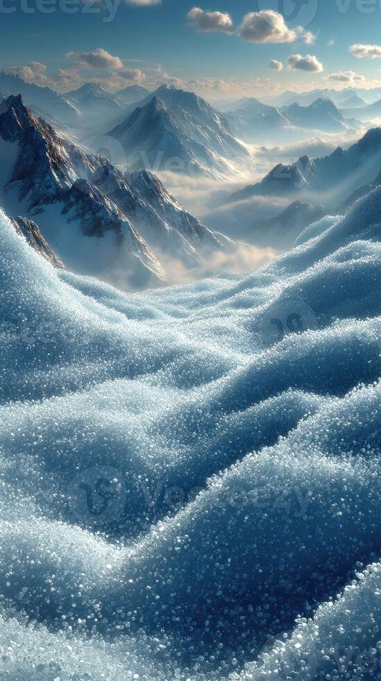 Vast glacial landscape captures shimmering ice and snow under a bright sky in a remote mountain range photo