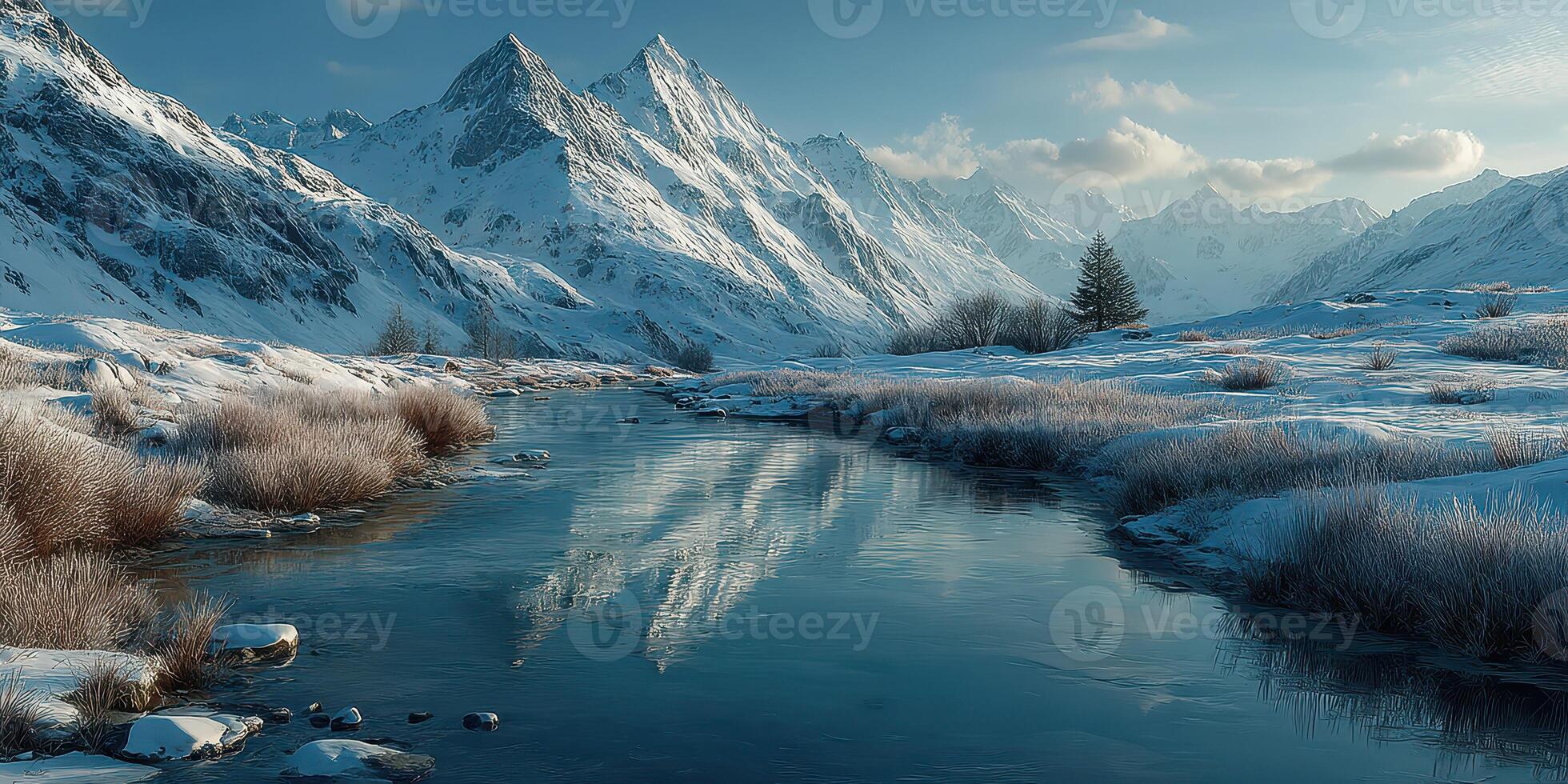 Snowy mountain landscape with serene river reflecting peaks during early morning light photo