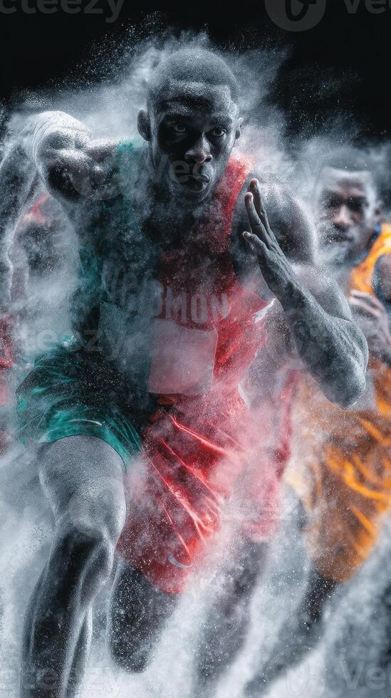 Athletes compete in a sprint event surrounded by clouds of dust and smoke during an intense race photo