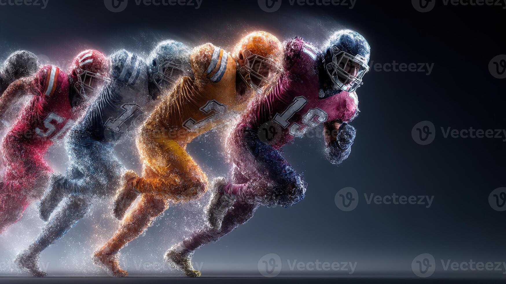 Dynamic football players sprinting in multiple colors illustrating speed and energy in sports competition photo