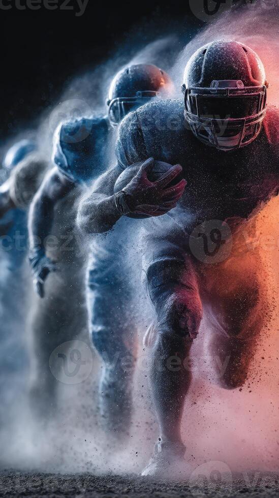 Dynamic football players charging forward on the field during an intense game under dramatic lighting effects photo