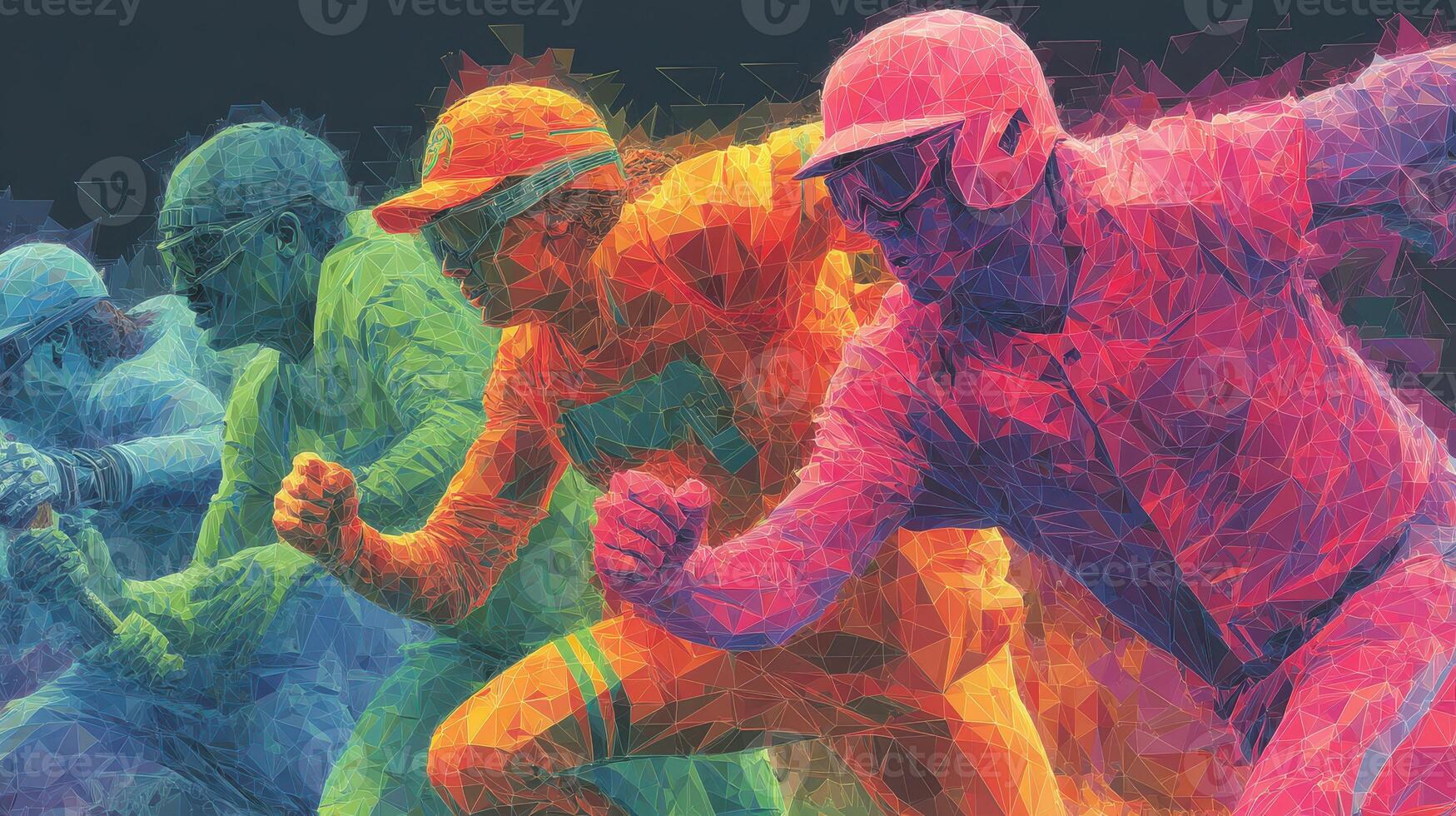Brightly colored jockeys racing on horseback during an intense competition at a racetrack in the early afternoon sun photo